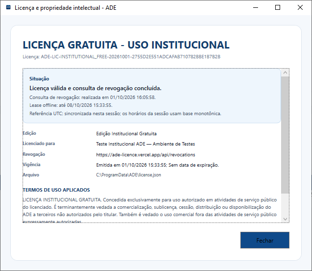Tela de licença institucional do ADE